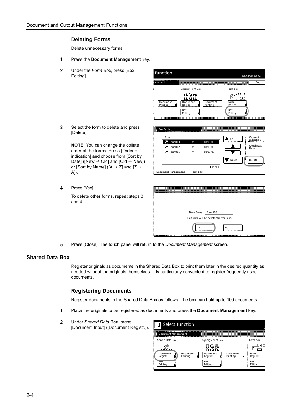 Shared data box, Deleting forms, Registering documents | Document and output management functions 2-4, Delete unnecessary forms, Press the document management key, Under the form box , press [box editing, T function, Select function | TA Triumph-Adler DC 2162 User Manual | Page 86 / 210