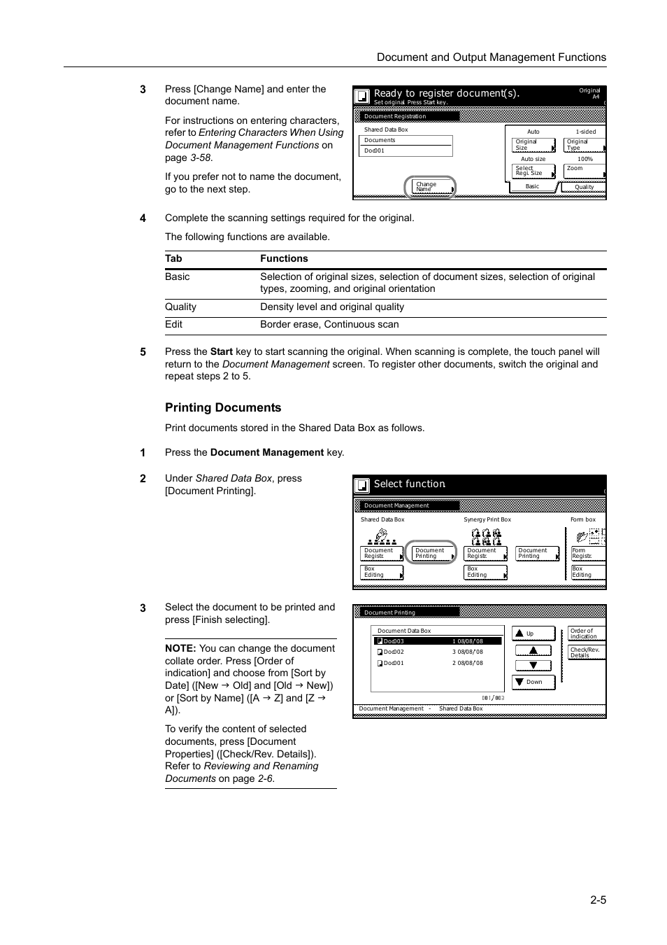 Printing documents, Document and output management functions 2-5 3, Press the document management key | Under shared data box , press [document printing, Ready to register document(s), Select function | TA Triumph-Adler DC 2162 User Manual | Page 87 / 210