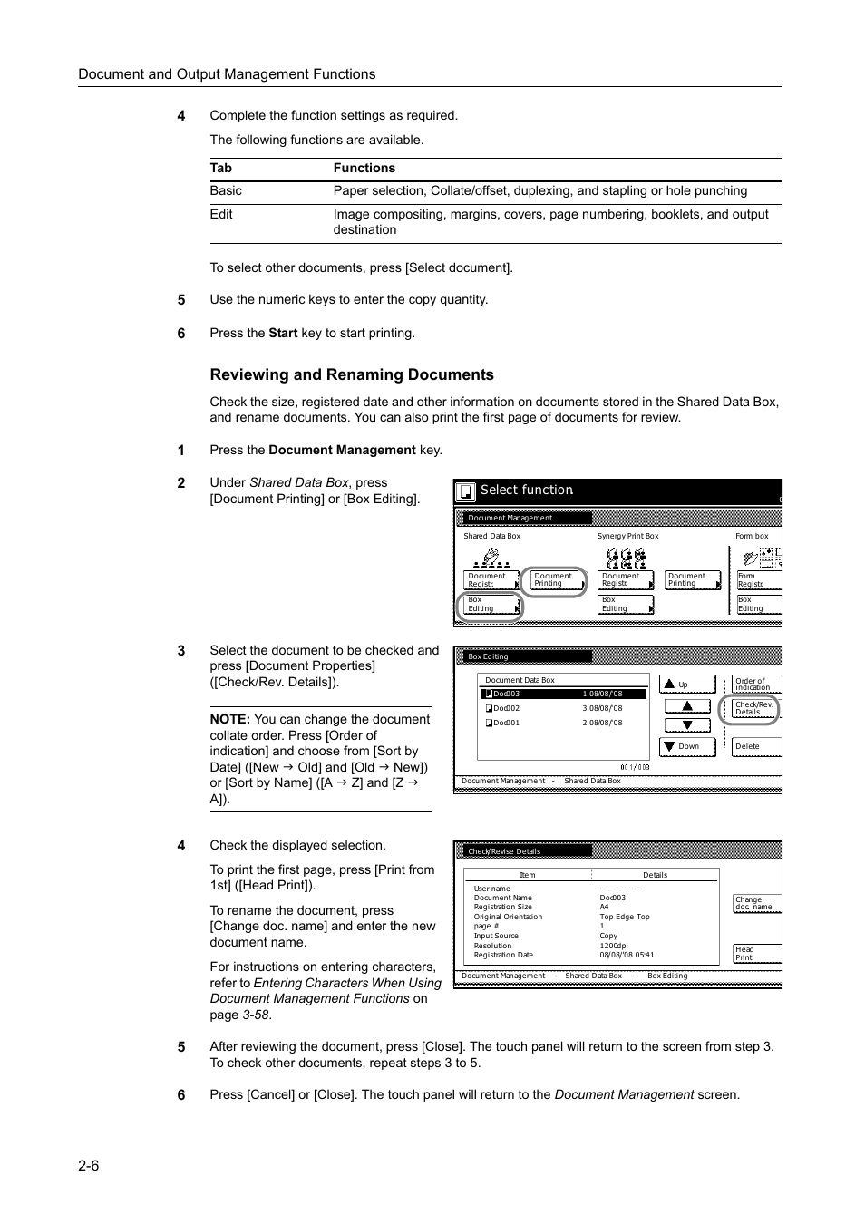 Reviewing and renaming documents, Document and output management functions 2-6 4, Use the numeric keys to enter the copy quantity | Press the start key to start printing, Press the document management key, Select function | TA Triumph-Adler DC 2162 User Manual | Page 88 / 210