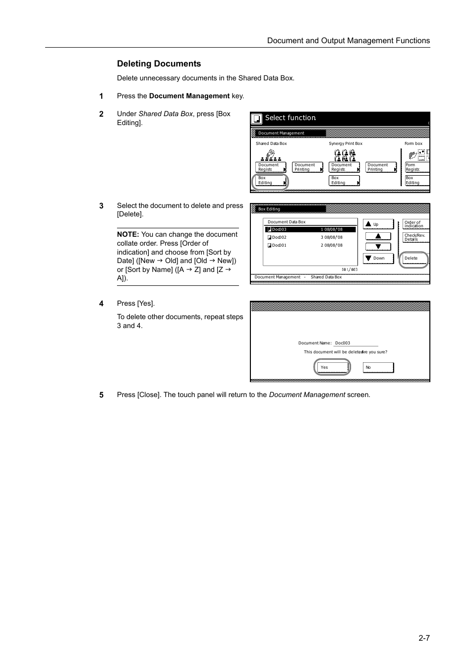 Deleting documents, Document and output management functions 2-7, Press the document management key | Under shared data box , press [box editing, Select function | TA Triumph-Adler DC 2162 User Manual | Page 89 / 210