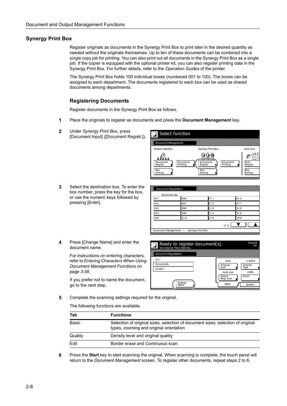 Synergy print box, Registering documents, Document and output management functions 2-8 | TA Triumph-Adler DC 2162 User Manual | Page 90 / 210