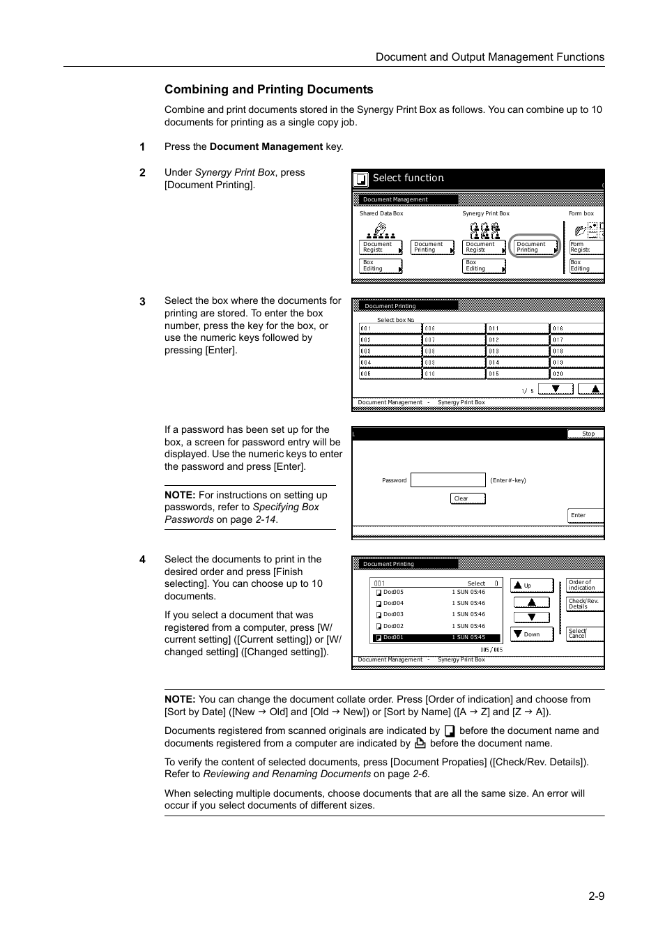 Combining and printing documents, Document and output management functions 2-9, Press the document management key | Under synergy print box , press [document printing, Select function | TA Triumph-Adler DC 2162 User Manual | Page 91 / 210