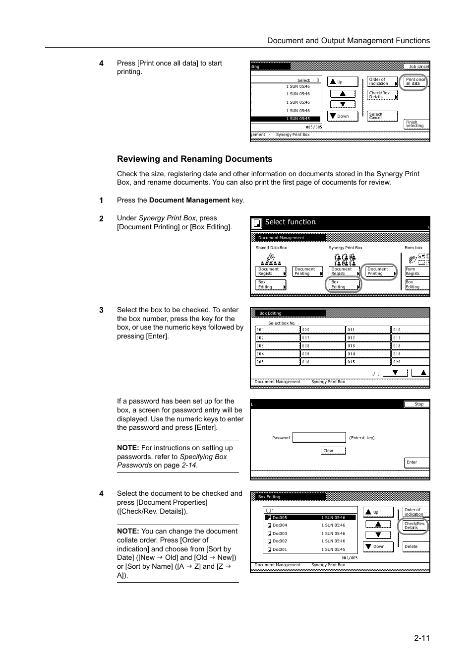 Reviewing and renaming documents, Document and output management functions 2-11 4, Press [print once all data] to start printing | Press the document management key, Select function | TA Triumph-Adler DC 2162 User Manual | Page 93 / 210