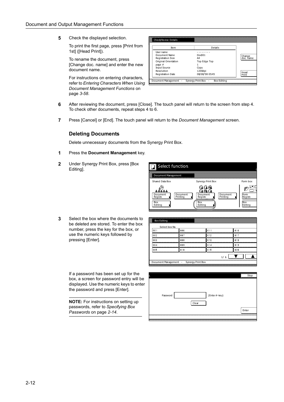 Deleting documents, Document and output management functions 2-12 5, Press the document management key | Under synergy print box, press [box editing, Select function | TA Triumph-Adler DC 2162 User Manual | Page 94 / 210