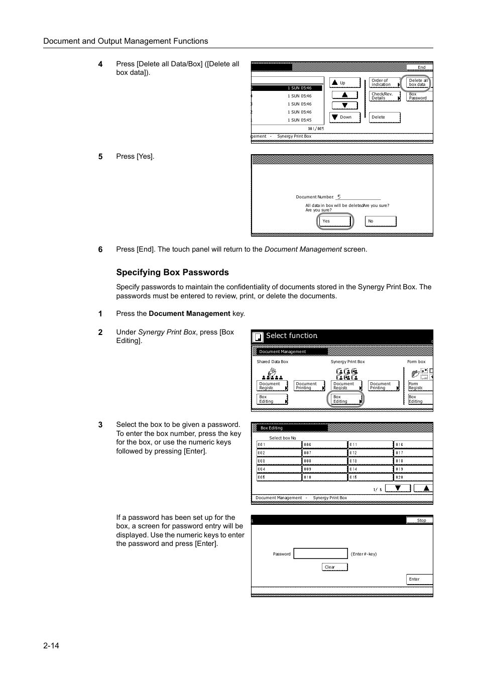 Specifying box passwords, Document and output management functions 2-14 4, Press [yes | Press the document management key, Under synergy print box , press [box editing, Select function | TA Triumph-Adler DC 2162 User Manual | Page 96 / 210