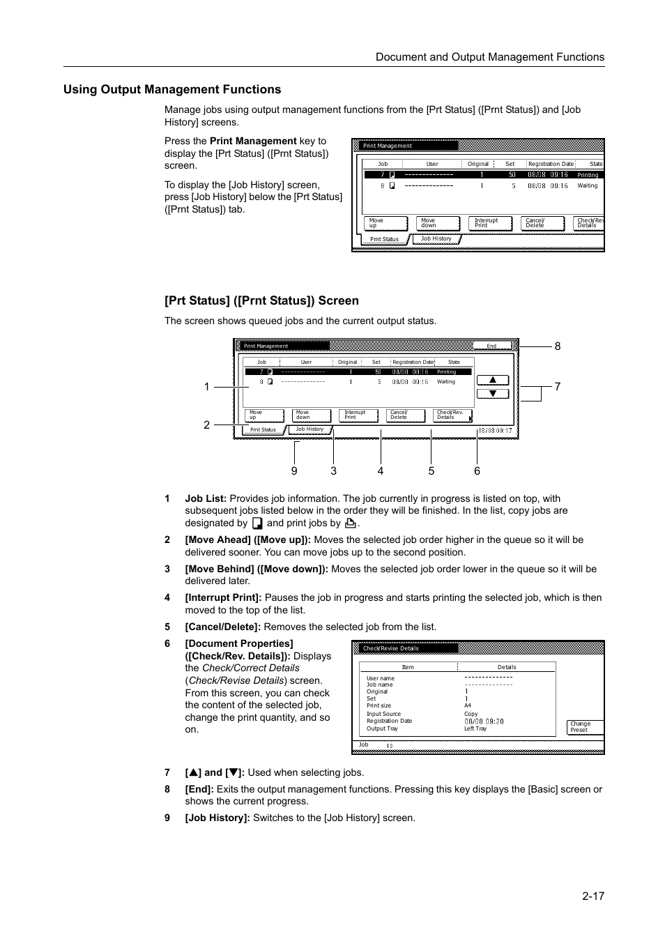 Using output management functions, Prt status] ([prnt status]) screen, Document and output management functions 2-17 | TA Triumph-Adler DC 2162 User Manual | Page 99 / 210