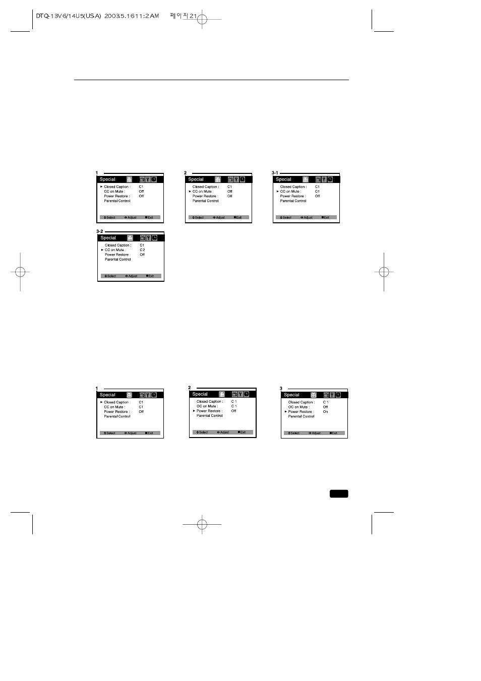 Cc on mute, Power restore | Daewoo DTQ 13V1FC User Manual | Page 24 / 27