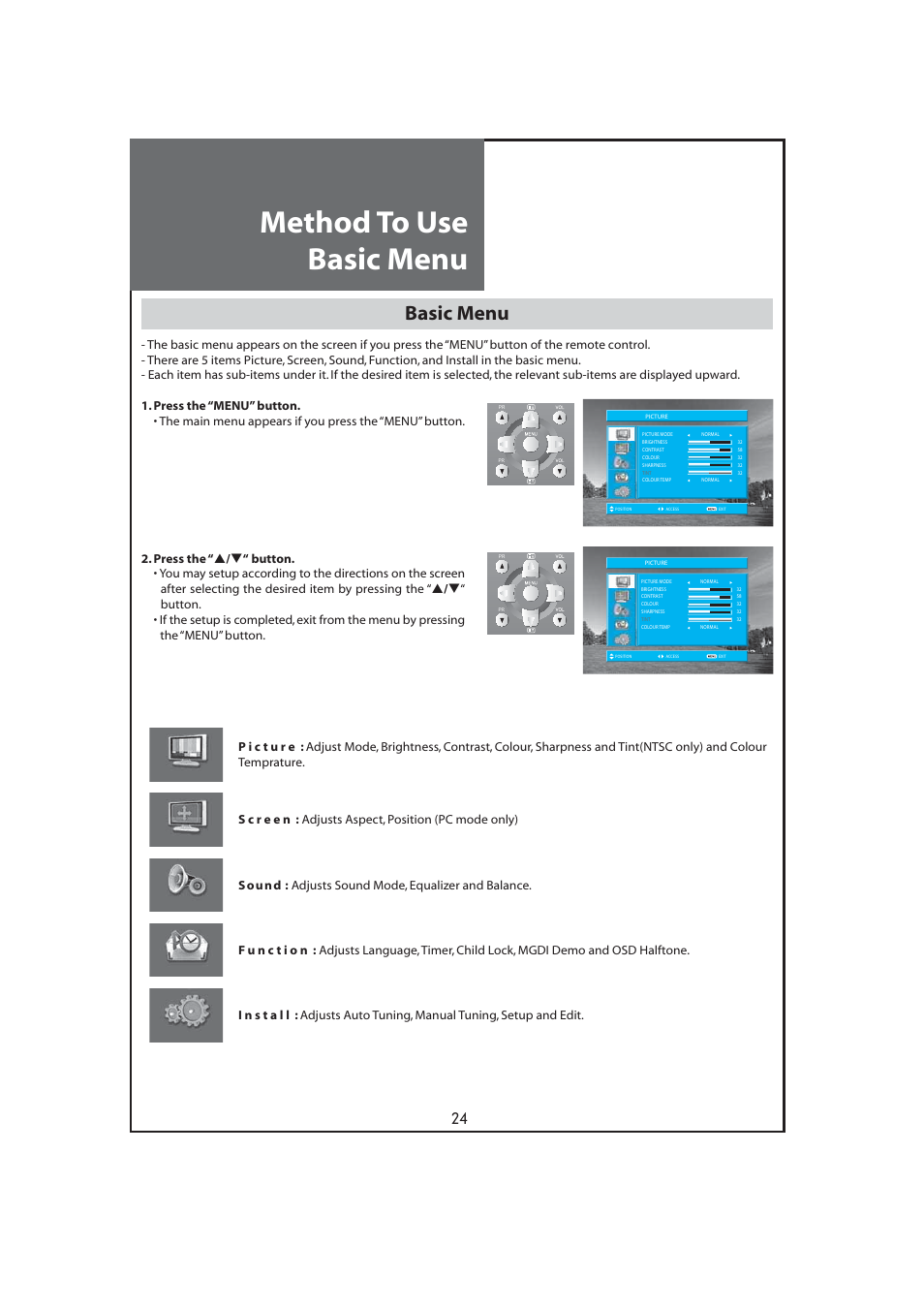 Method to use basic menu, Basic menu | Daewoo DLT-32C7 User Manual | Page 24 / 53