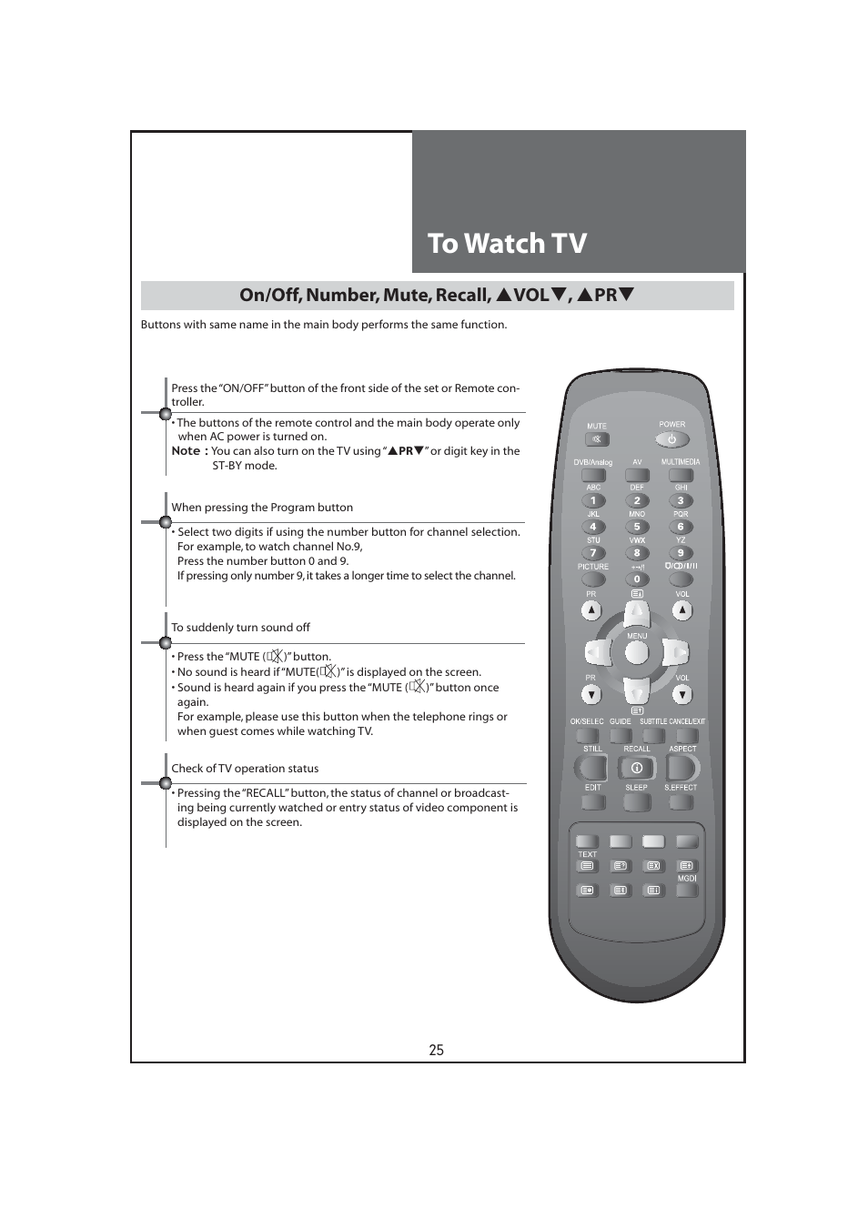 On/off, number, mute, recall, vol , pr | Daewoo DLT-32C7 User Manual | Page 25 / 53