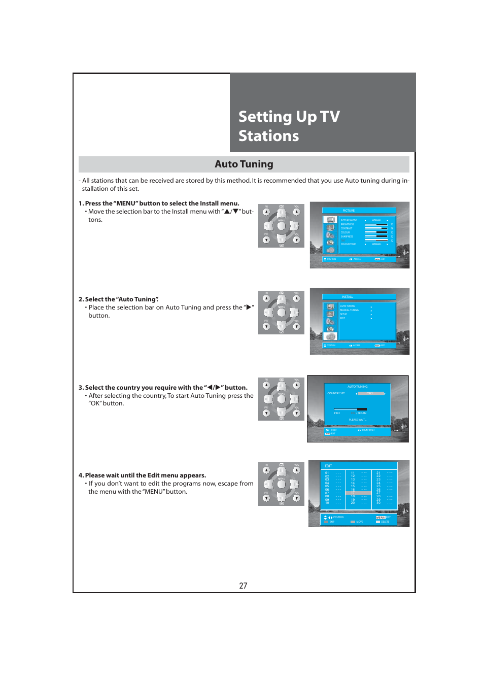 Setting up tv stations, Auto tuning | Daewoo DLT-32C7 User Manual | Page 27 / 53