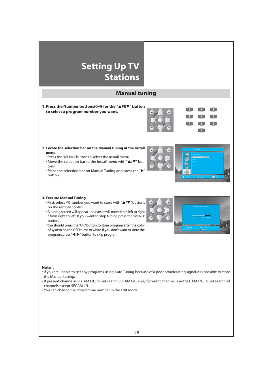 Setting up tv stations, Manual tuning | Daewoo DLT-32C7 User Manual | Page 28 / 53