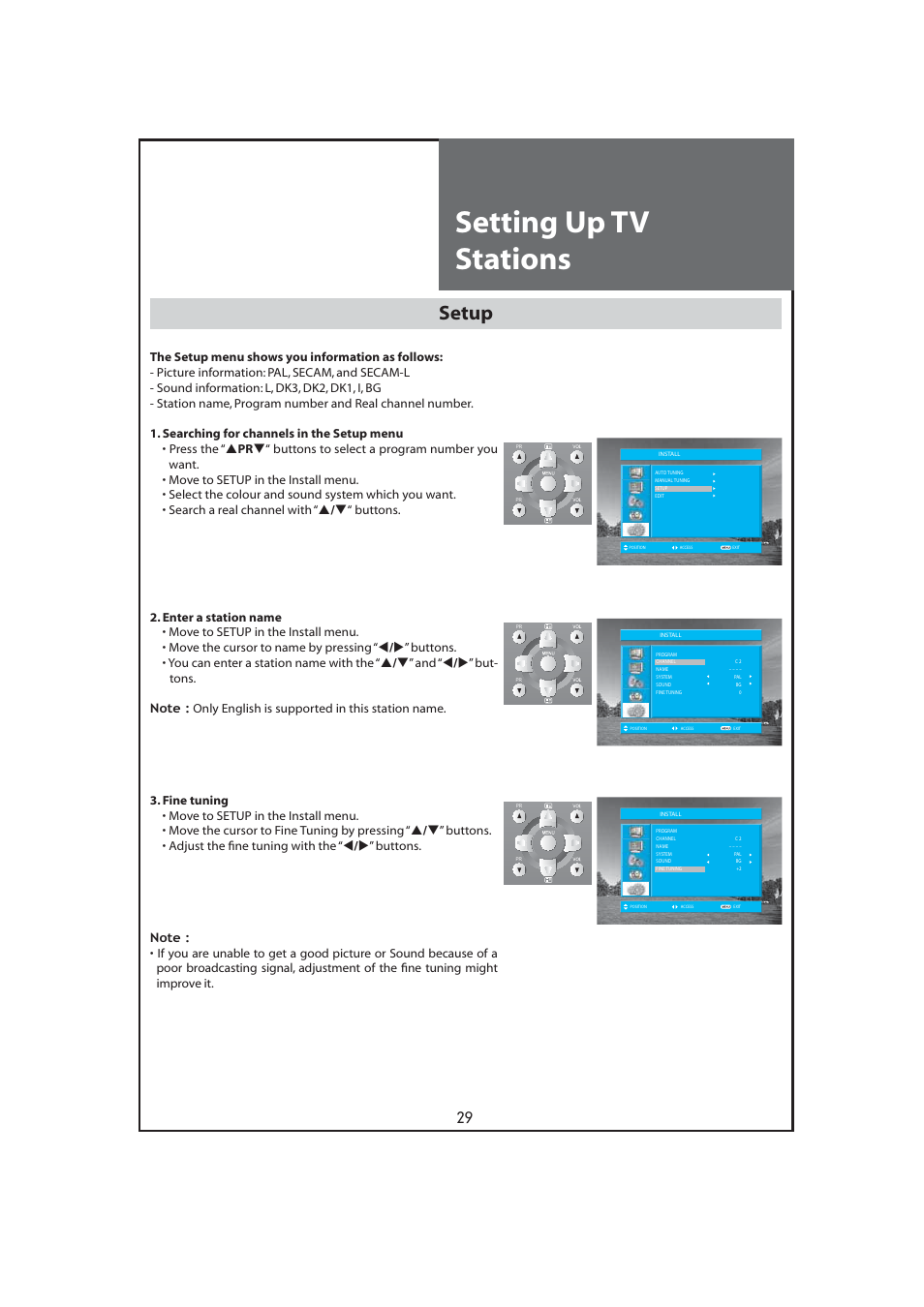Setting up tv stations, Setup | Daewoo DLT-32C7 User Manual | Page 29 / 53