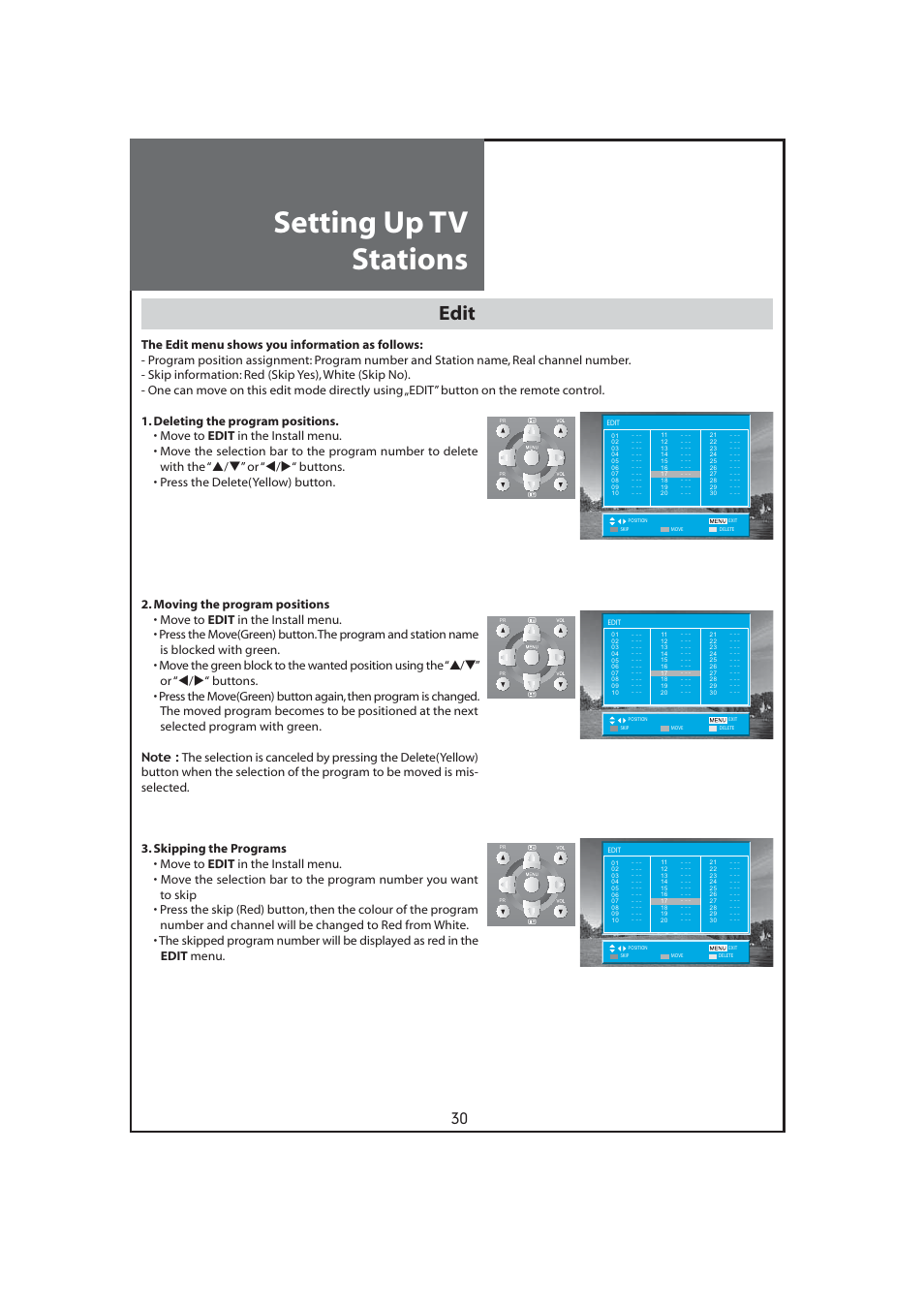 Setting up tv stations, Edit | Daewoo DLT-32C7 User Manual | Page 30 / 53
