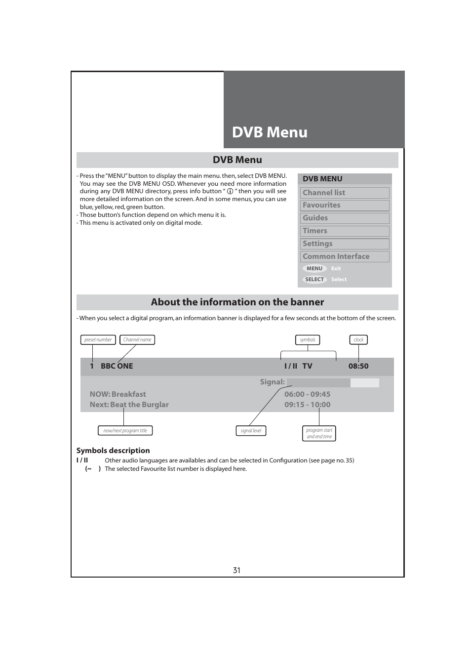 Dvb menu, About the information on the banner | Daewoo DLT-32C7 User Manual | Page 31 / 53