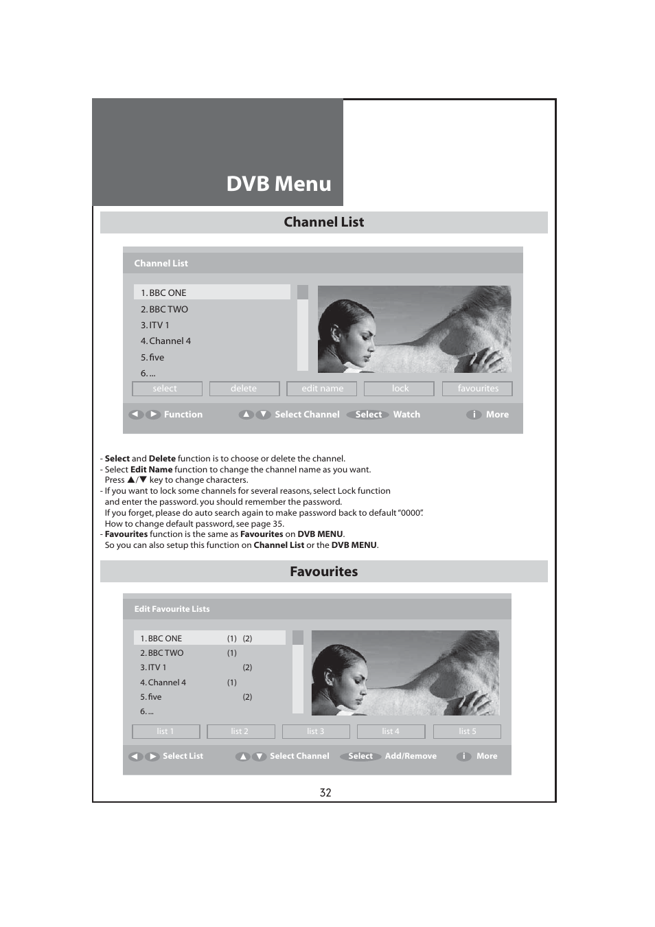 Dvb menu, Channel list, Favourites | Daewoo DLT-32C7 User Manual | Page 32 / 53