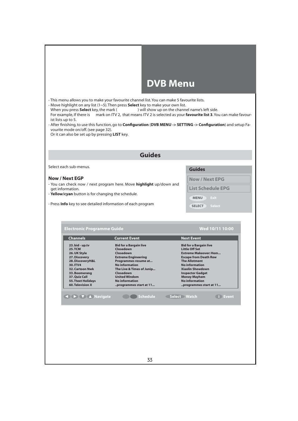 Dvb menu, Guides, 33 guides now / next epg list schedule epg | Now / next egp | Daewoo DLT-32C7 User Manual | Page 33 / 53