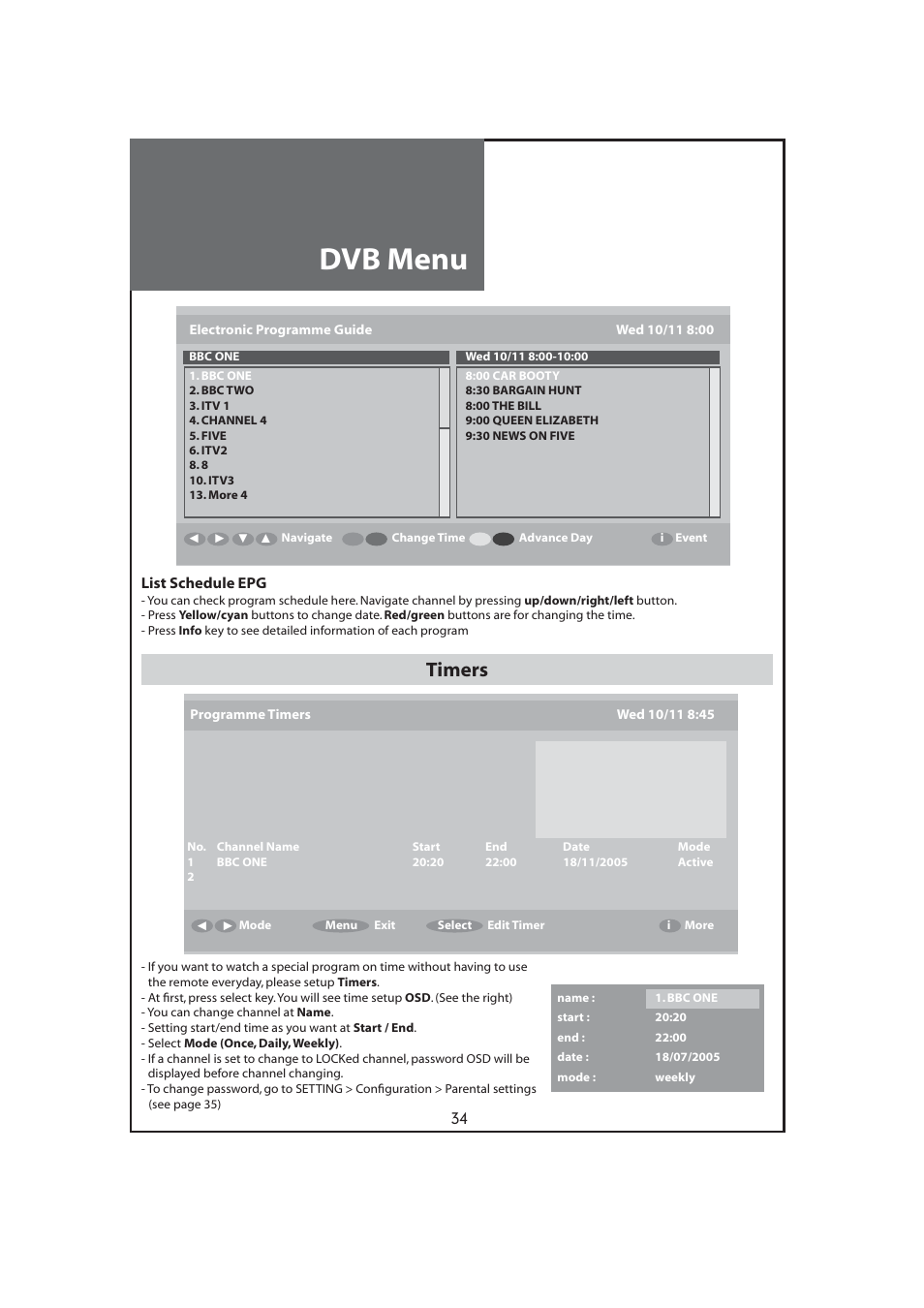 Dvb menu, Timers | Daewoo DLT-32C7 User Manual | Page 34 / 53