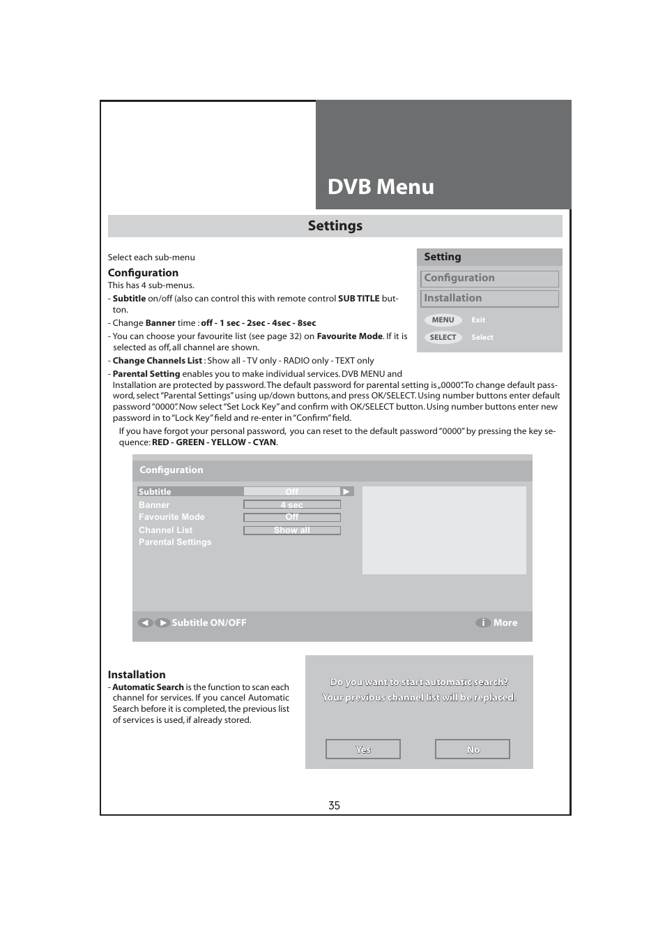 Dvb menu, Settings | Daewoo DLT-32C7 User Manual | Page 35 / 53