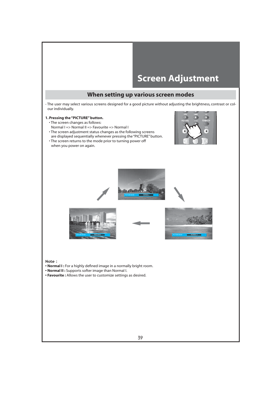 Screen adjustment, When setting up various screen modes | Daewoo DLT-32C7 User Manual | Page 39 / 53
