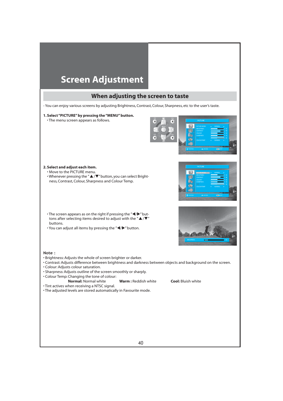 Screen adjustment, When adjusting the screen to taste | Daewoo DLT-32C7 User Manual | Page 40 / 53