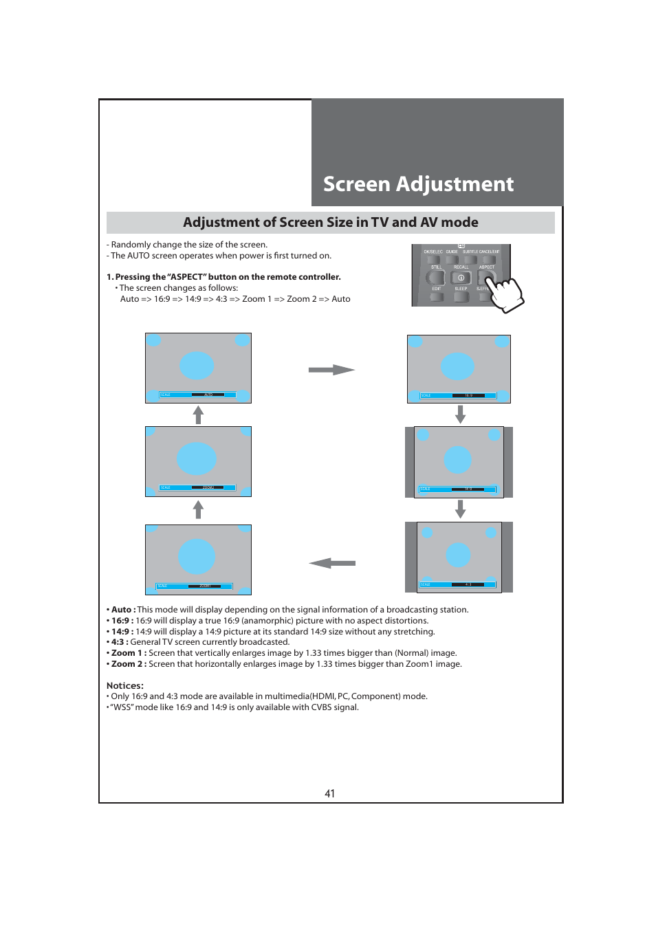 Screen adjustment, Adjustment of screen size in tv and av mode | Daewoo DLT-32C7 User Manual | Page 41 / 53