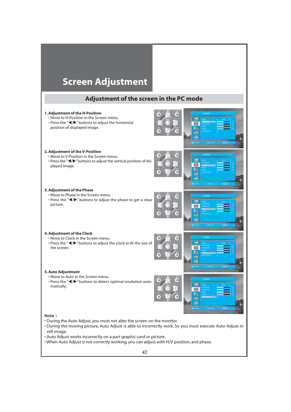 Screen adjustment, Adjustment of the screen in the pc mode | Daewoo DLT-32C7 User Manual | Page 42 / 53