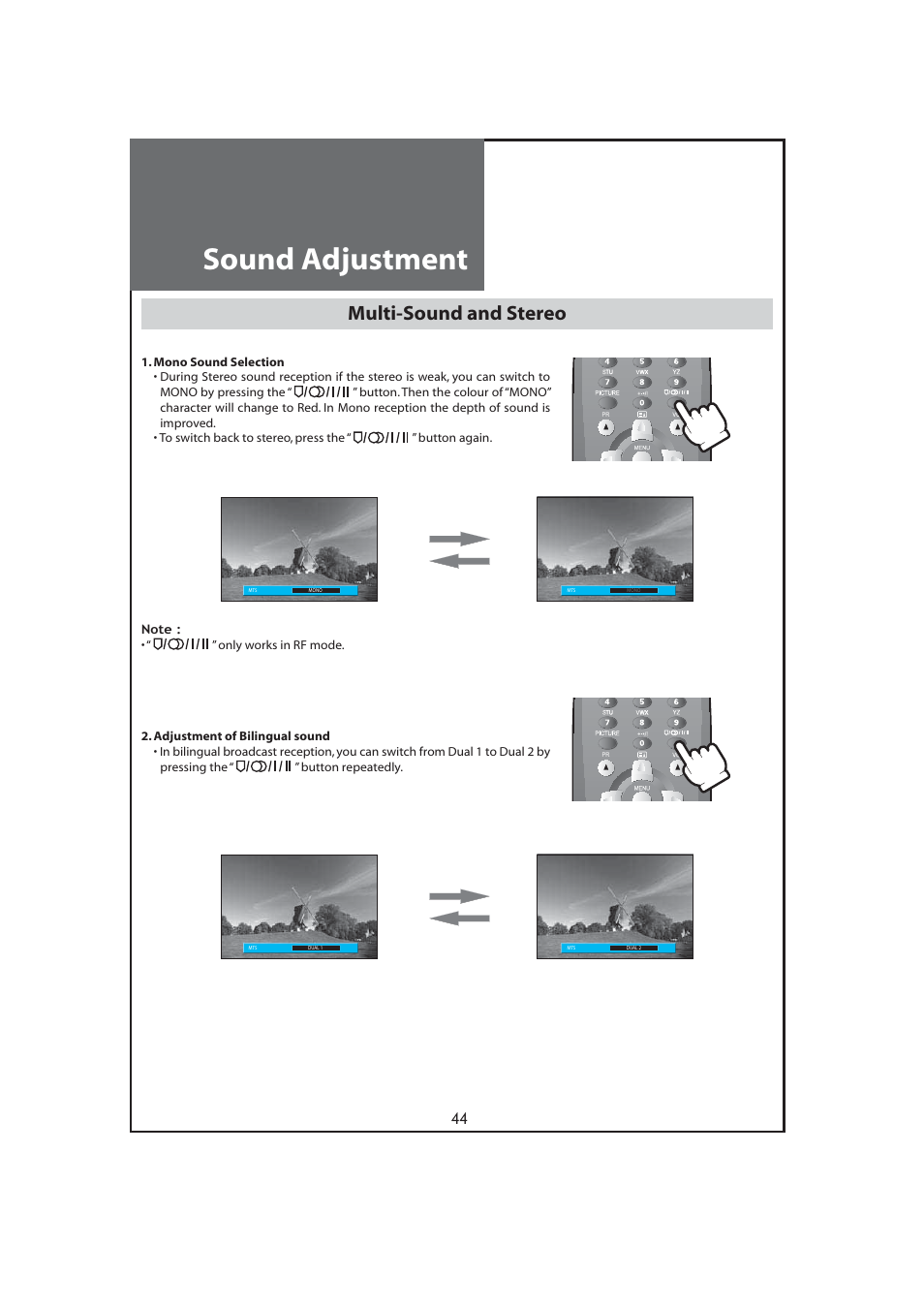 Sound adjustment, Multi-sound and stereo | Daewoo DLT-32C7 User Manual | Page 44 / 53