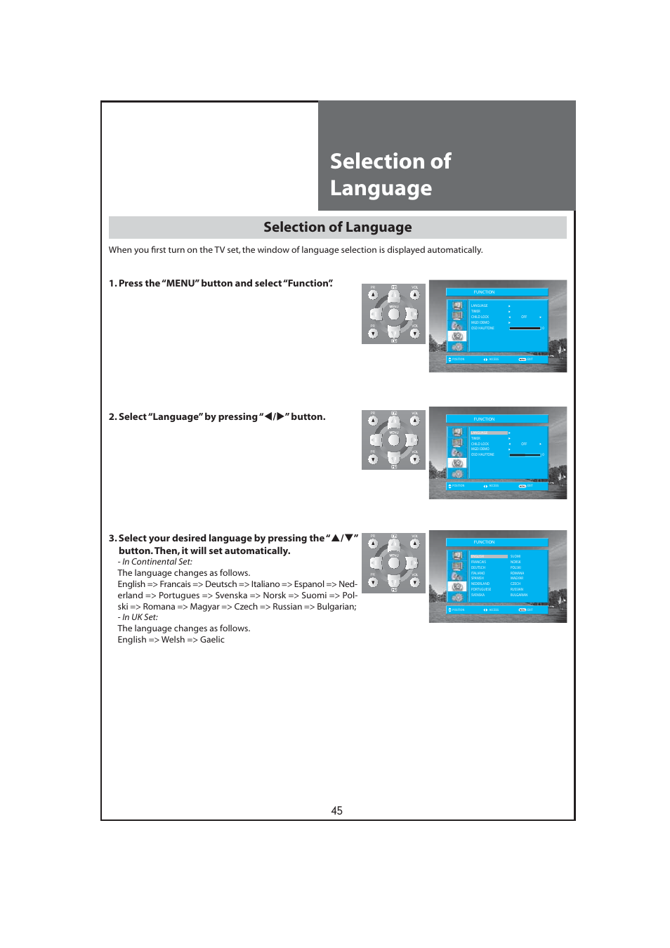 Selection of language | Daewoo DLT-32C7 User Manual | Page 45 / 53