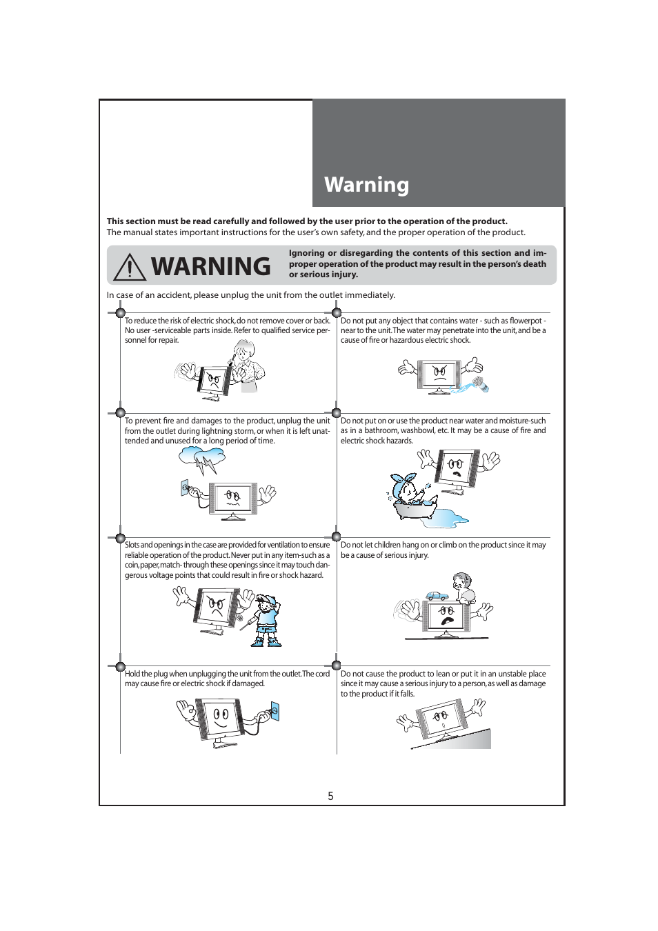 Warning | Daewoo DLT-32C7 User Manual | Page 5 / 53