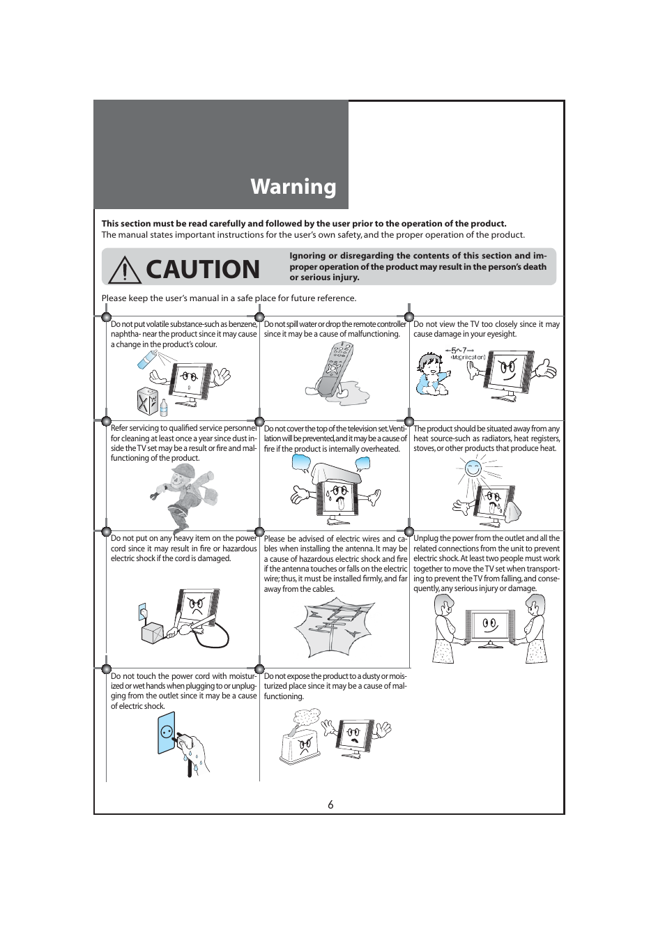 Caution, Warning | Daewoo DLT-32C7 User Manual | Page 6 / 53