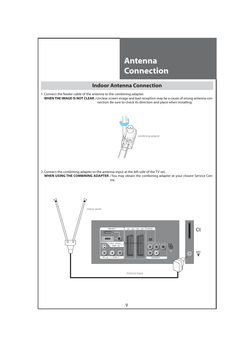 Antenna connection, Indoor antenna connection | Daewoo DLT-32C7 User Manual | Page 9 / 53