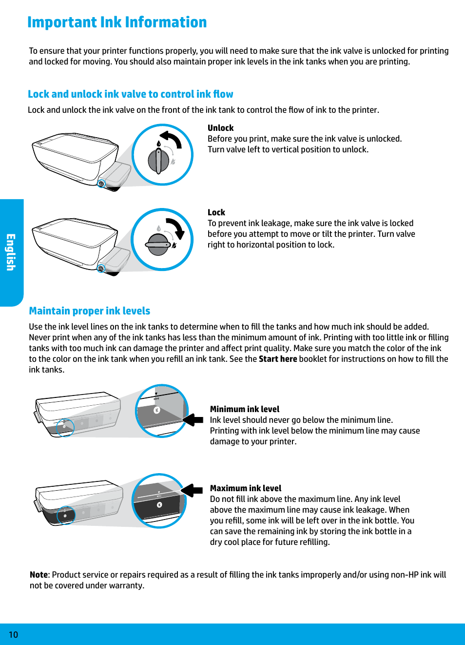 Important ink information, English | HP DeskJet GT 5810 User Manual | Page 10 / 18