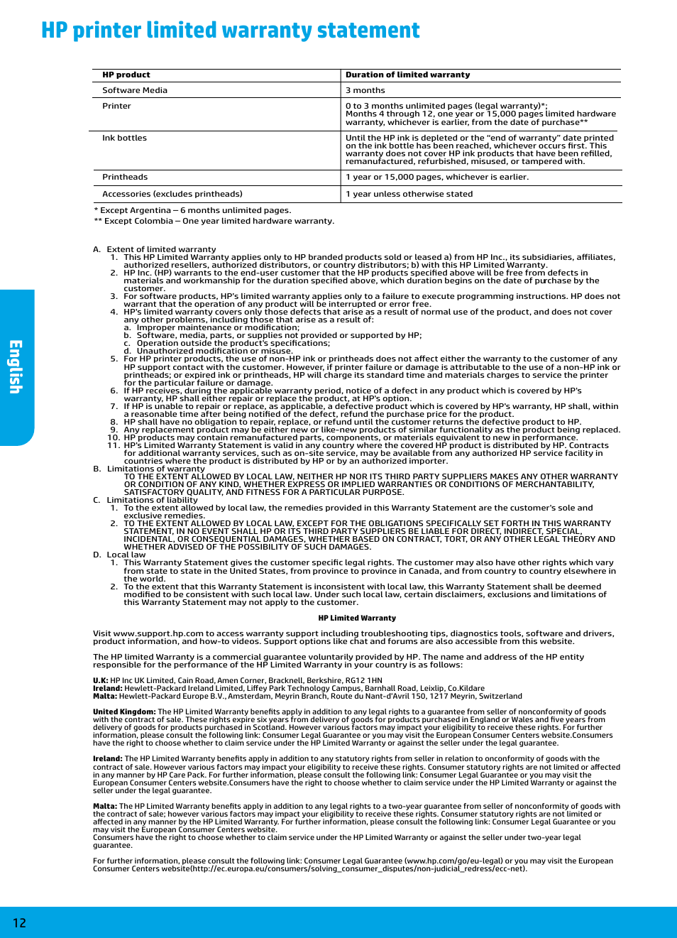 Hp printer limited warranty statement, English | HP DeskJet GT 5810 User Manual | Page 12 / 18