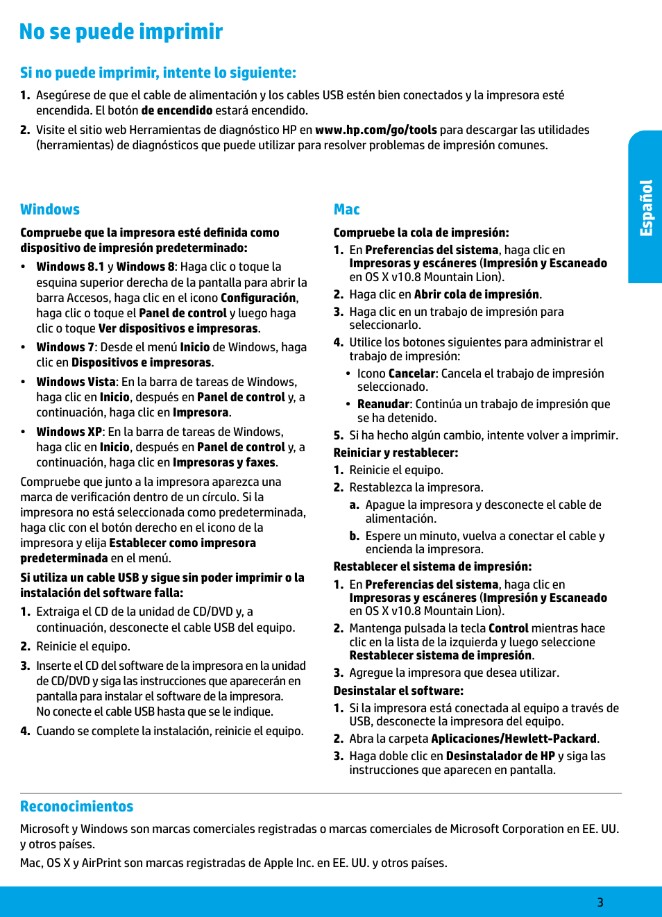 No se puede imprimir, Es pañol | HP DeskJet GT 5810 User Manual | Page 3 / 18