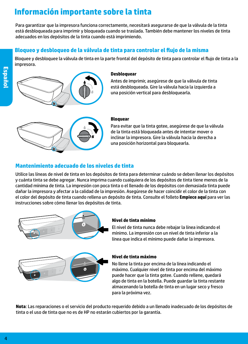 Información importante sobre la tinta, Es pañol | HP DeskJet GT 5810 User Manual | Page 4 / 18