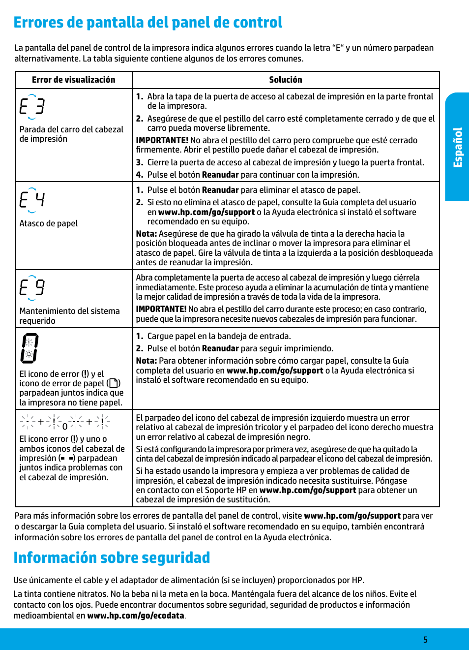 Información sobre seguridad, Errores de pantalla del panel de control, Es pañol | HP DeskJet GT 5810 User Manual | Page 5 / 18