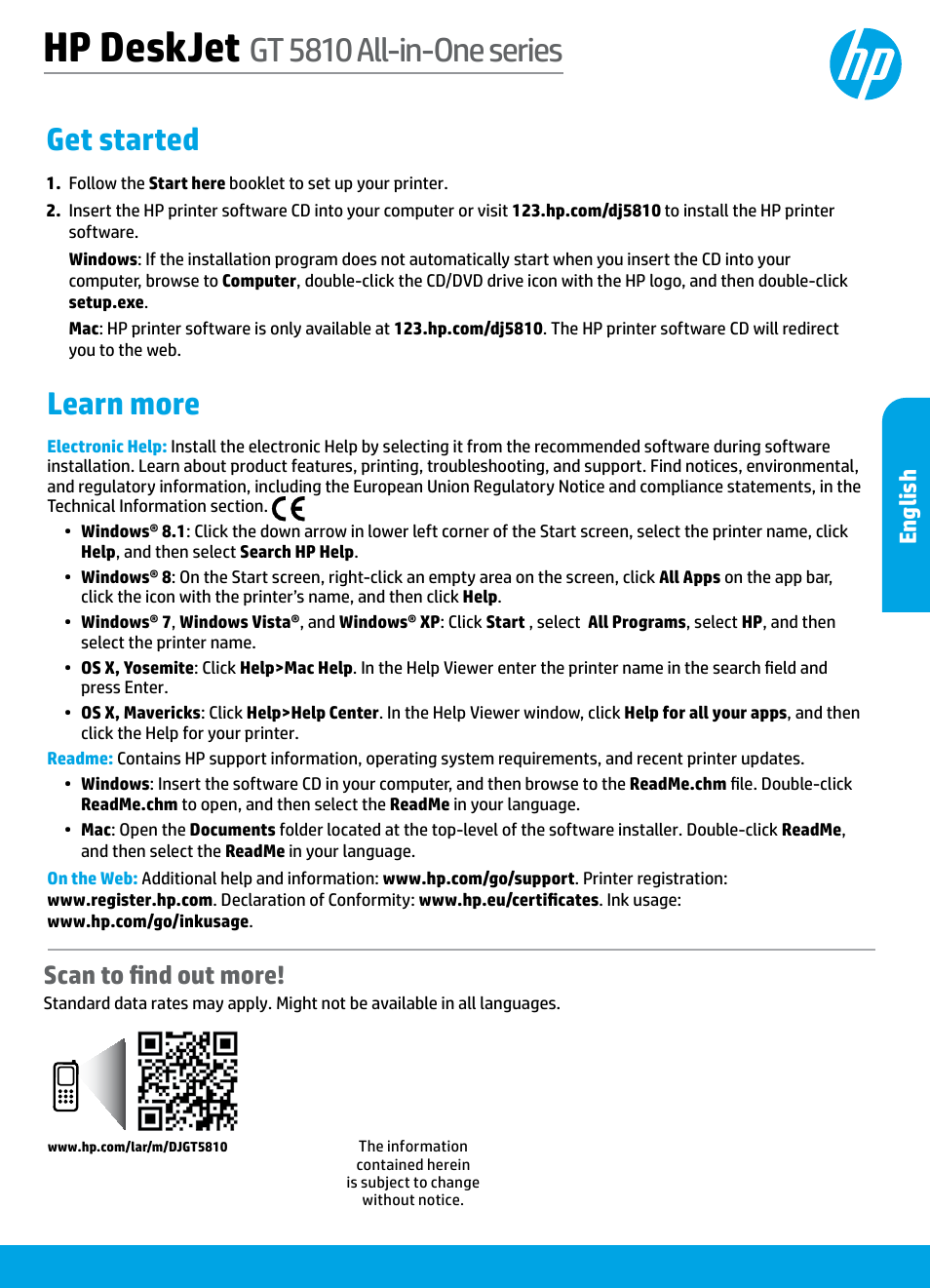 English, Hp deskjet, Gt 5810 all-in-one series | Learn more, Get started, Scan to find out more | HP DeskJet GT 5810 User Manual | Page 7 / 18