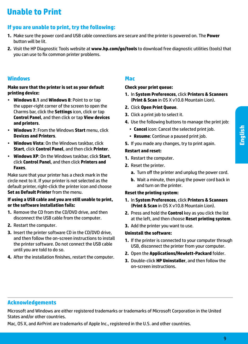 Unable to print, English | HP DeskJet GT 5810 User Manual | Page 9 / 18