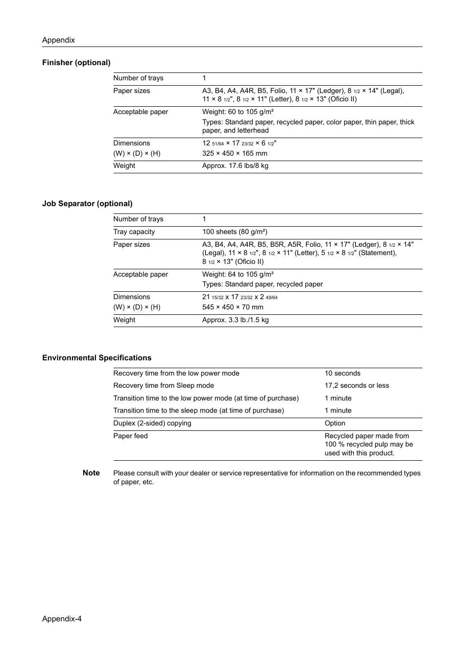 Finisher (optional), Job separator (optional), Environmental specifications | TA Triumph-Adler DC 2218 User Manual | Page 105 / 114