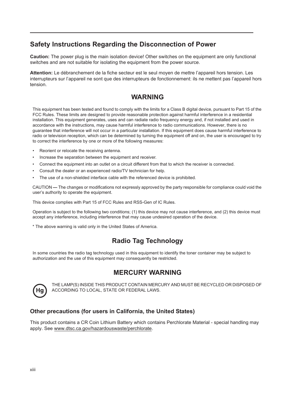 Warning, Radio tag technology, Mercury warning | TA Triumph-Adler DC 2218 User Manual | Page 15 / 114