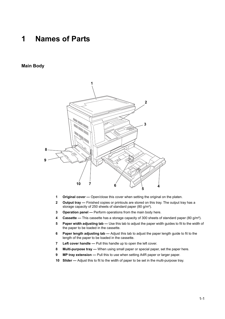 1 names of parts, Main body, 1 names | Parts, Main body -1, 1names of parts | TA Triumph-Adler DC 2218 User Manual | Page 18 / 114