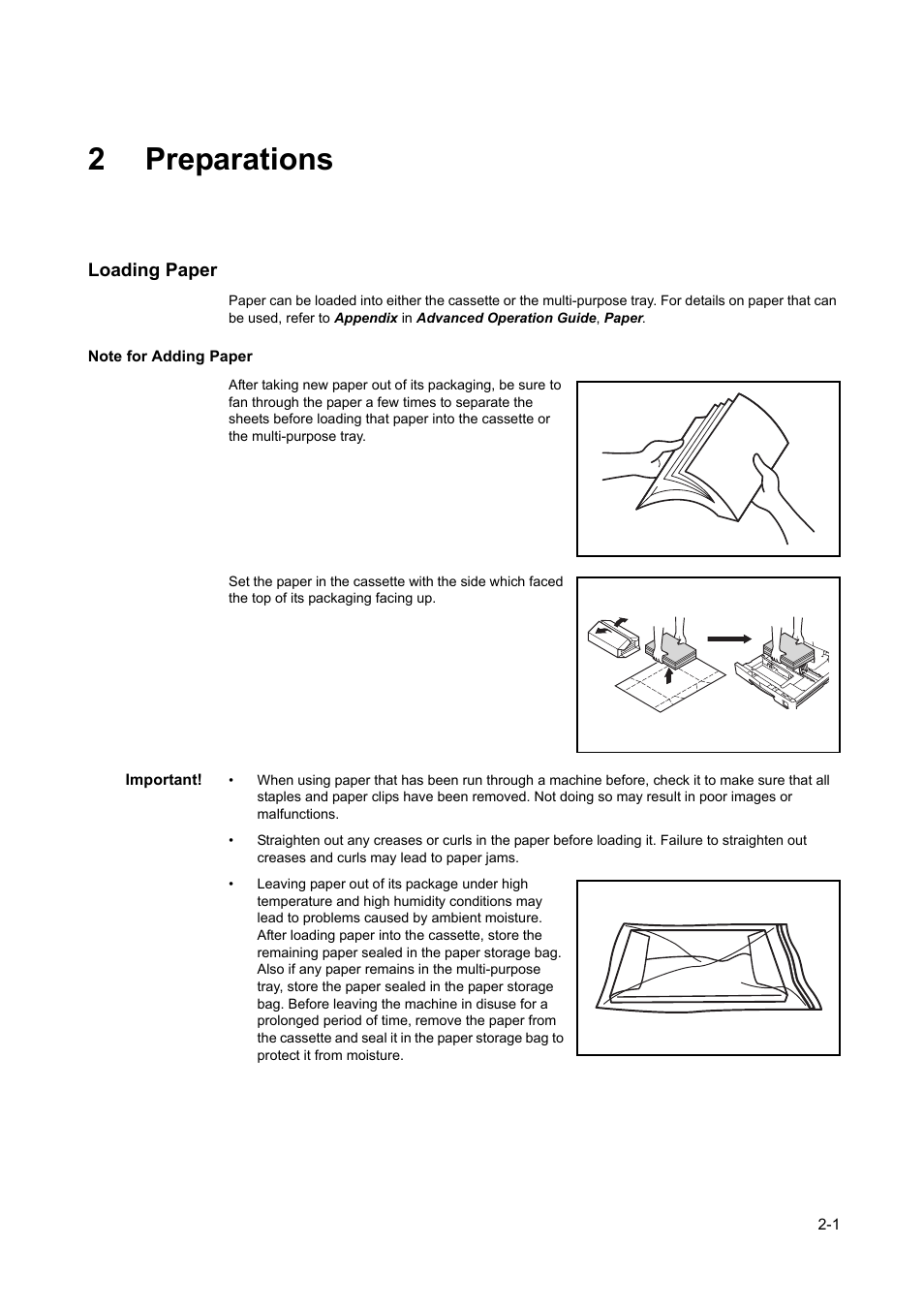 2 preparations, Loading paper, Note for adding paper | Loading paper -1, Note for adding paper -1, 2preparations | TA Triumph-Adler DC 2218 User Manual | Page 26 / 114