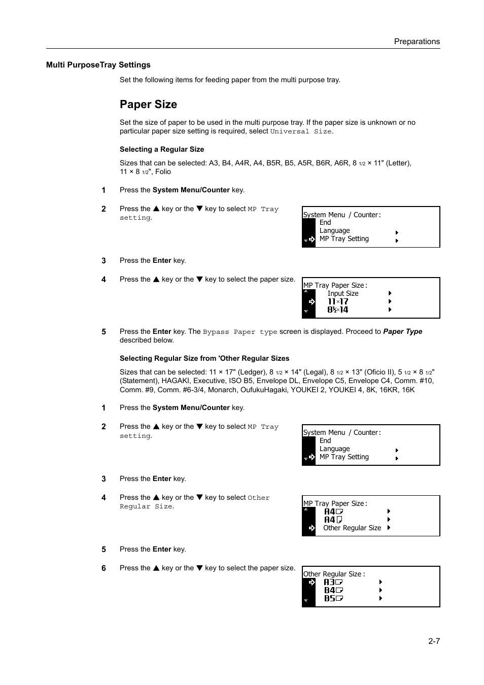 Multi purposetray settings, Multi purposetray settings -7, Paper size | TA Triumph-Adler DC 2218 User Manual | Page 32 / 114