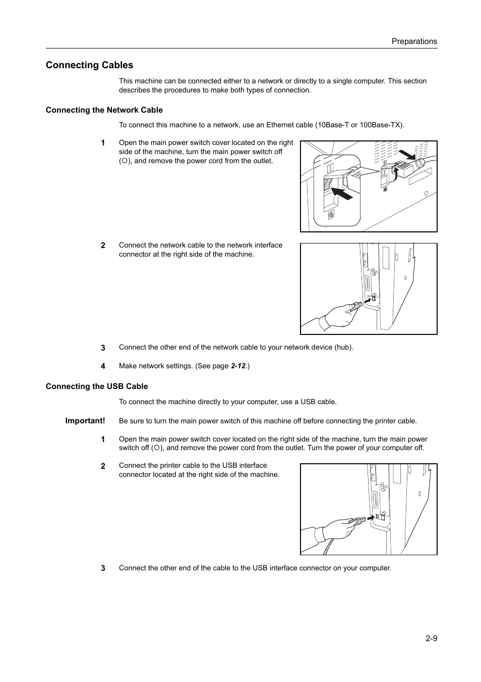 Connecting cables, Connecting the network cable, Connecting the usb cable | Connecting cables -9 | TA Triumph-Adler DC 2218 User Manual | Page 34 / 114