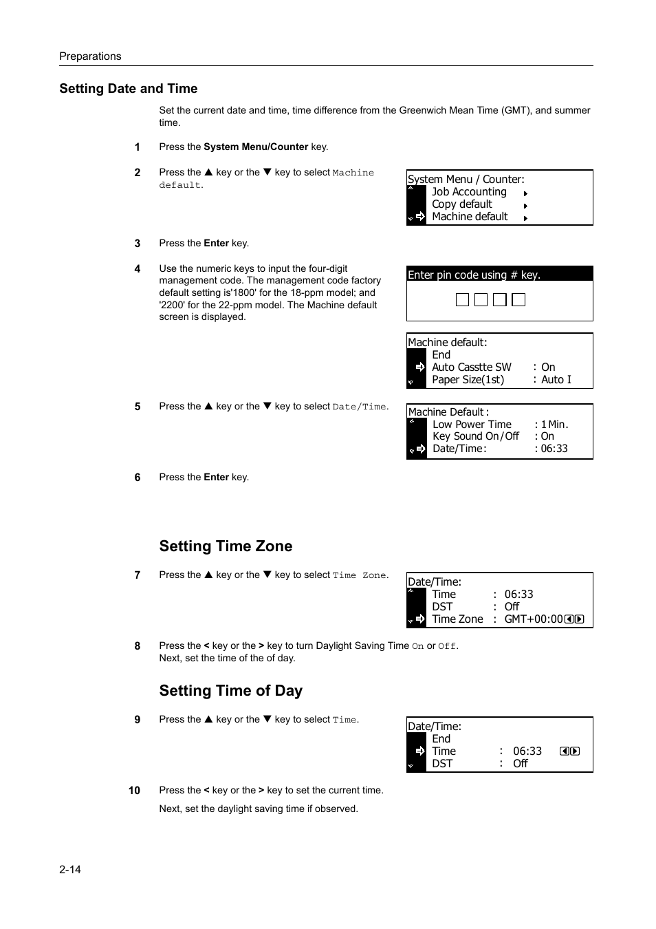 Setting date and time, Setting date and time -14, Setting time zone | Setting time of day | TA Triumph-Adler DC 2218 User Manual | Page 39 / 114