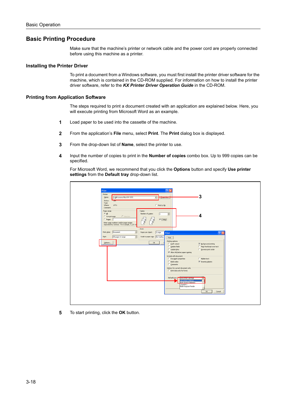 Basic printing procedure, Installing the printer driver, Printing from application software | Basic printing procedure -18 | TA Triumph-Adler DC 2218 User Manual | Page 59 / 114