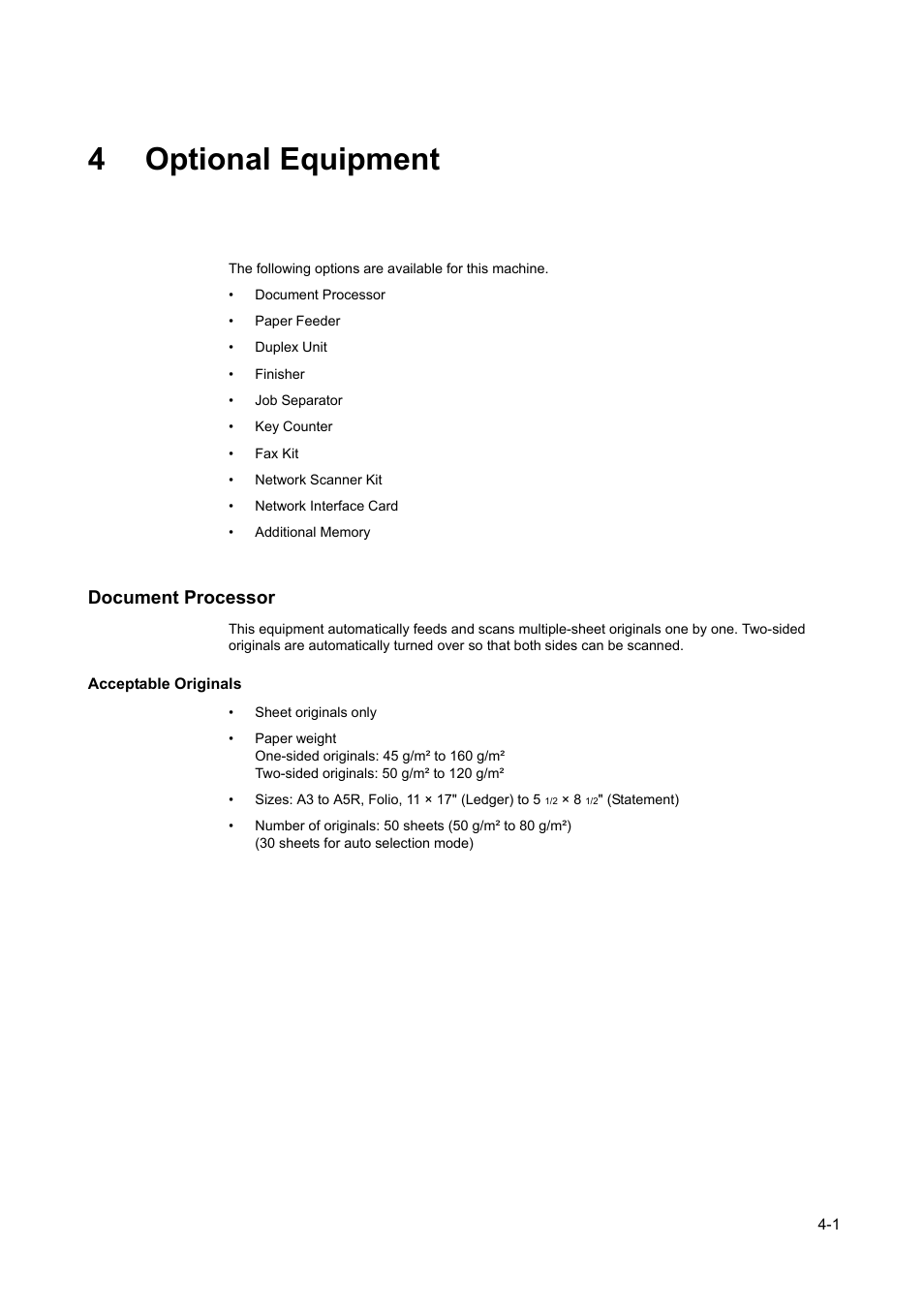 4 optional equipment, Document processor, Acceptable originals | 4 optional, Equipment, Document processor -1, Acceptable originals -1, 4optional equipment | TA Triumph-Adler DC 2218 User Manual | Page 60 / 114