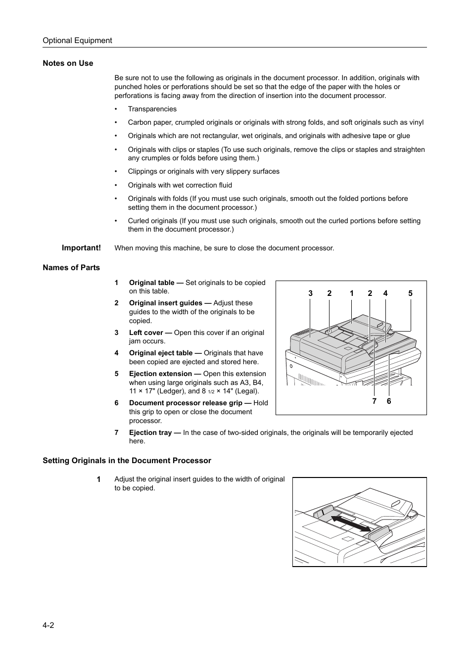 Notes on use, Names of parts, Setting originals in the document processor | TA Triumph-Adler DC 2218 User Manual | Page 61 / 114