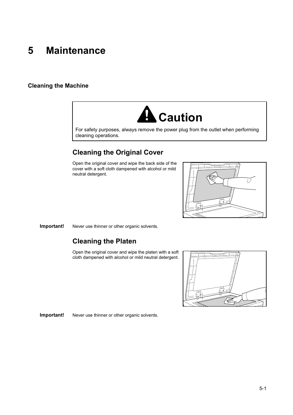 5 maintenance, Cleaning the machine, Cleaning the machine -1 | Caution, 5maintenance | TA Triumph-Adler DC 2218 User Manual | Page 72 / 114