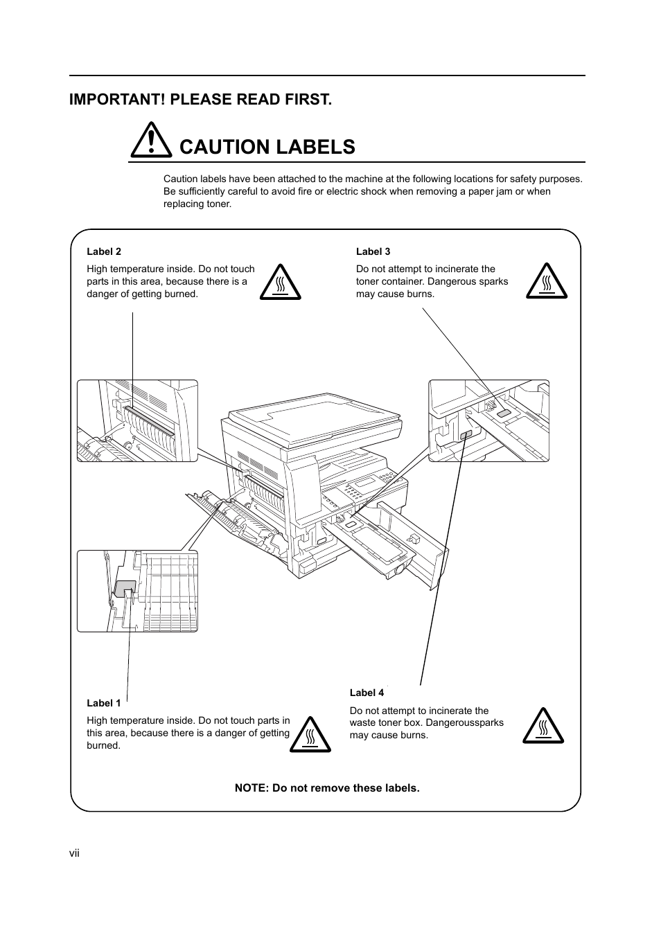 Caution labels, Important! please read first | TA Triumph-Adler DC 2218 User Manual | Page 9 / 114